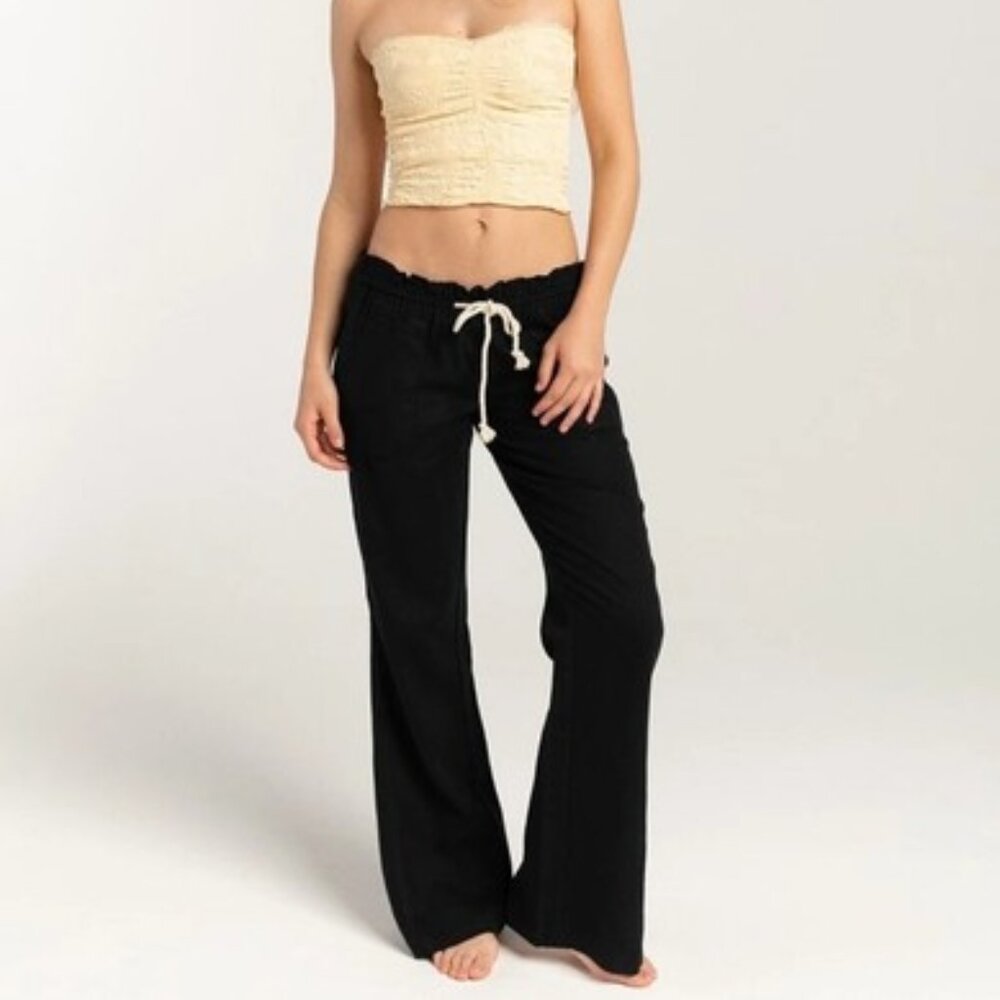 Roxy Oceanside Linen Blend Women's M Black Beachy Flare Leg Drawstring Pants